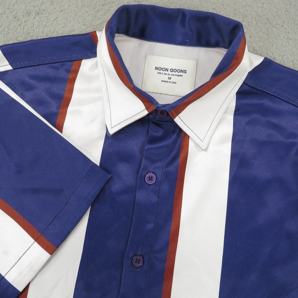 Noon Goons Mens Medium Blue White Red Striped Cuban Button Up Shirt Made in USA
